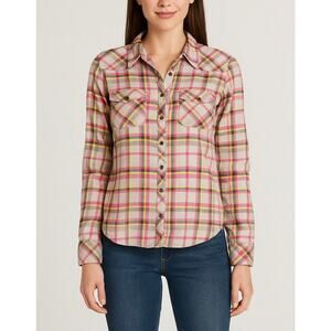 Guess Women’s Pink Grey Plaid Long Sleeve Button Up Y2K 90s size small